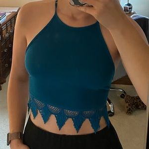 LA Hearts Teal Scalloped Halter Crop Top Open Back